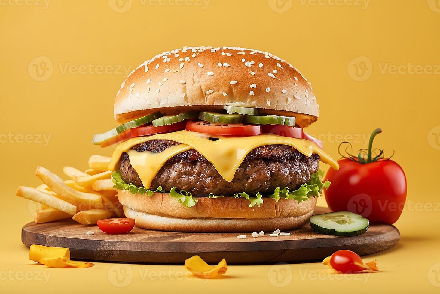 A hamburger with cheese, tomatoes and lettuce on a wooden board photo