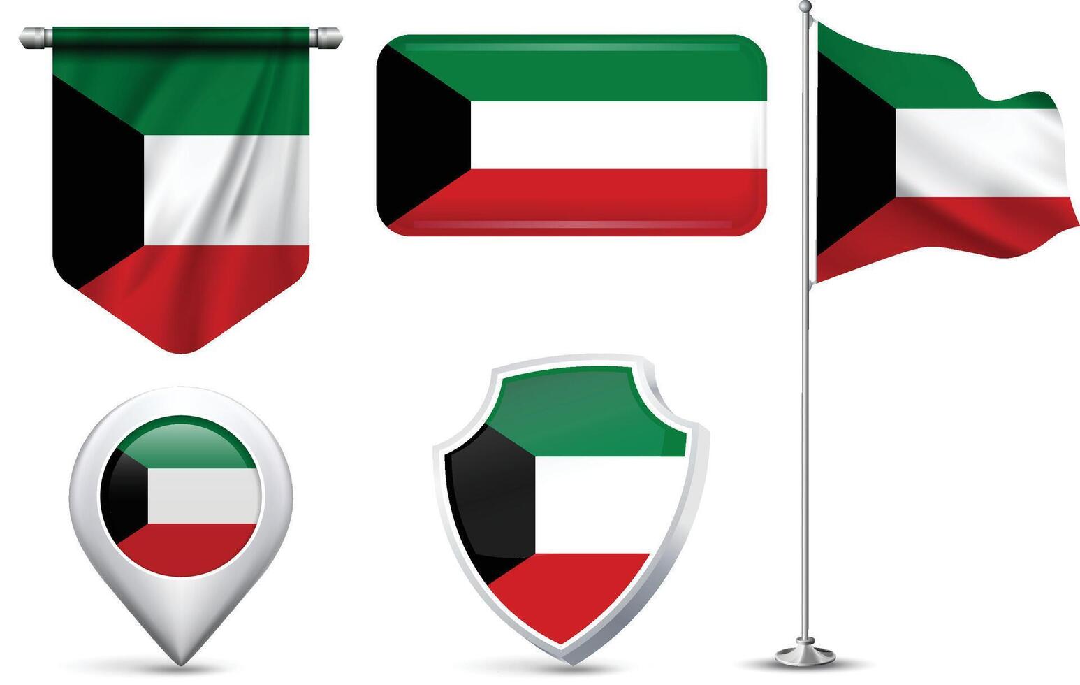 Set of Kuwait Flags in Different Shapes and Styles vector