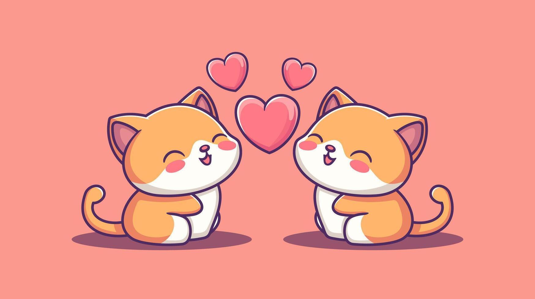 Two Cute Cat and Floating Hearts Editable vector