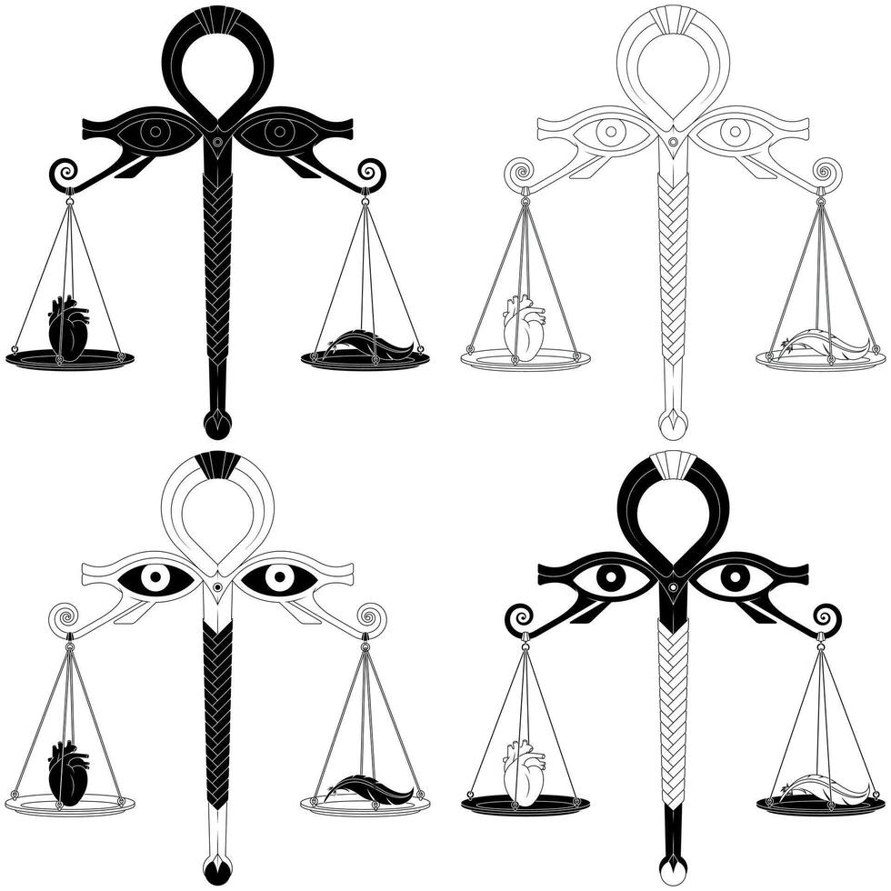 Ancient Egyptian balance comparing a heart's weight against a feather for judgment in the afterlife vector