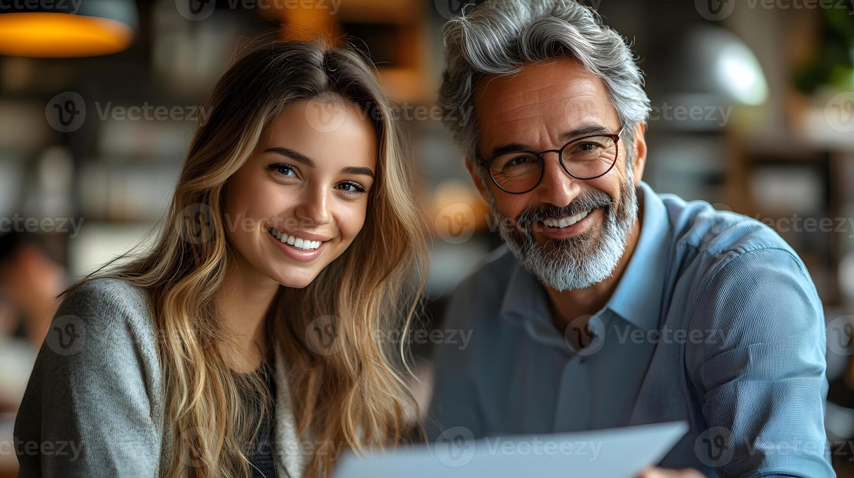Happy manager presenting an award to smiling employee in a bright modern office photo
