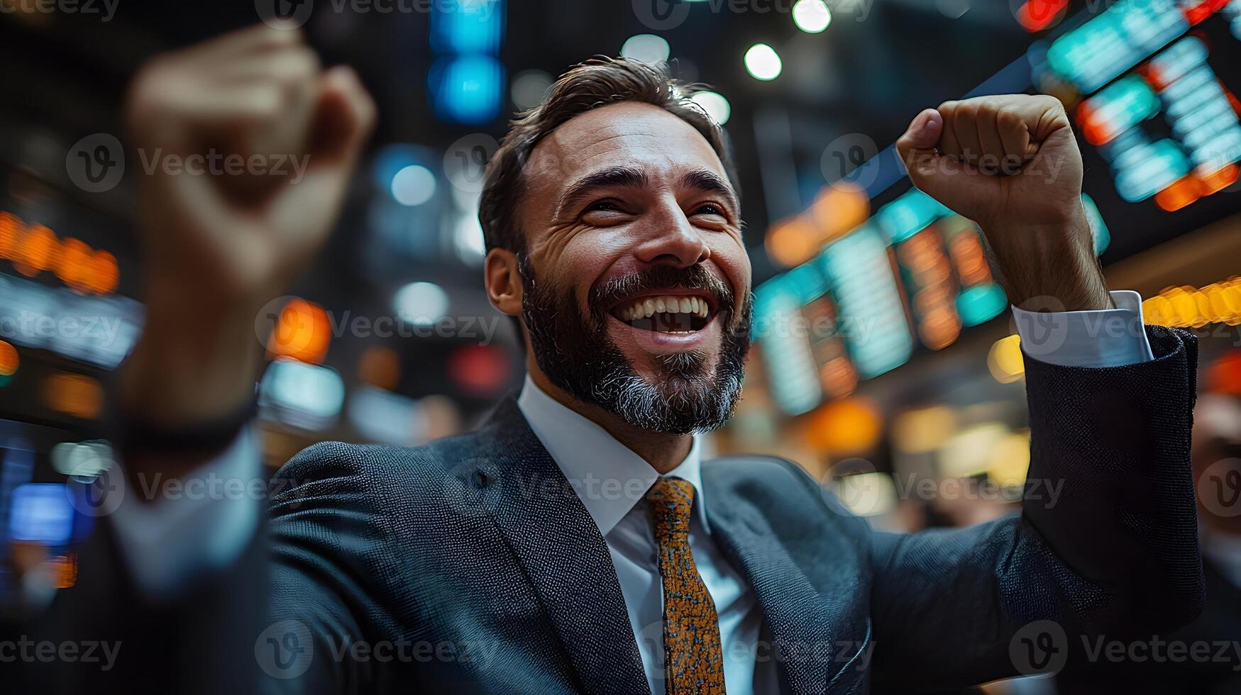 Corporate leader enthusiastically reviewing stock data and raising hands in celebration photo