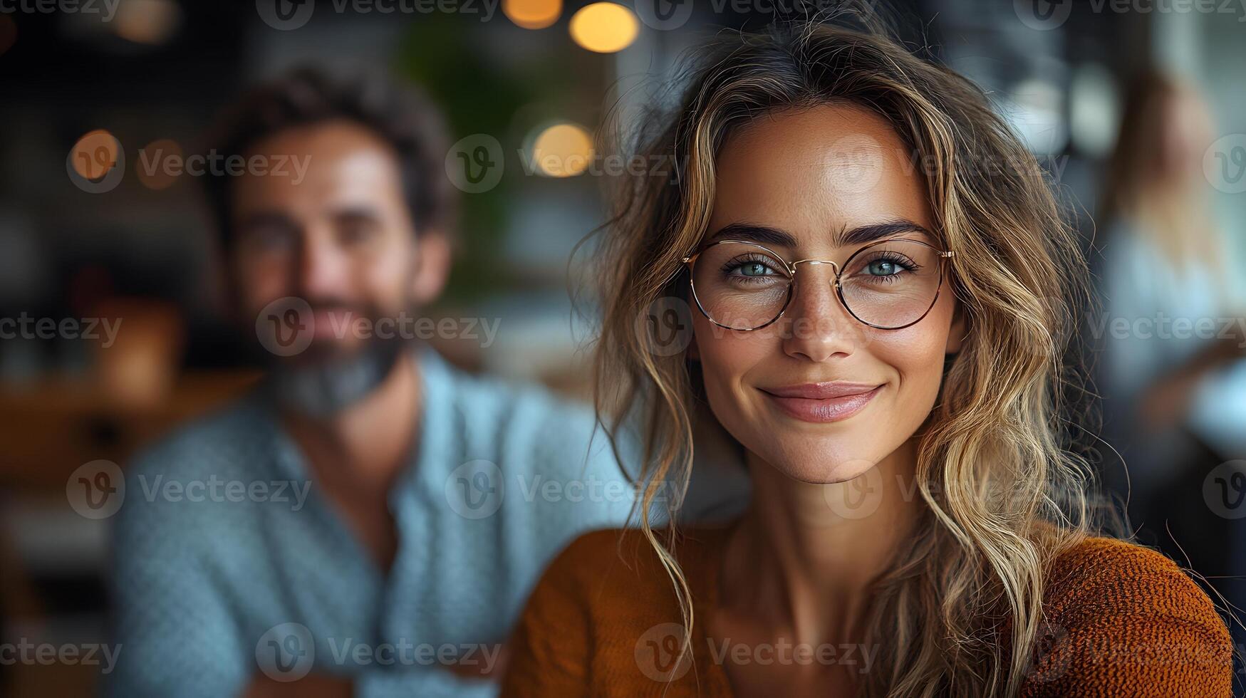 Friendly business team working together in a modern office smiling with confidence photo