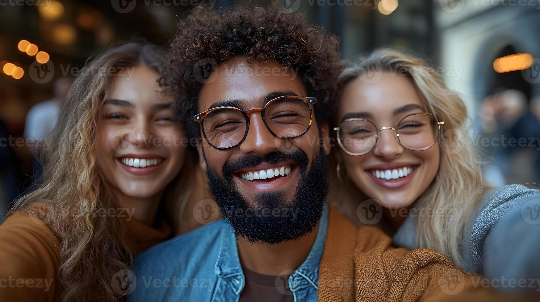 Business team holding a phone and laughing while taking a selfie at work photo
