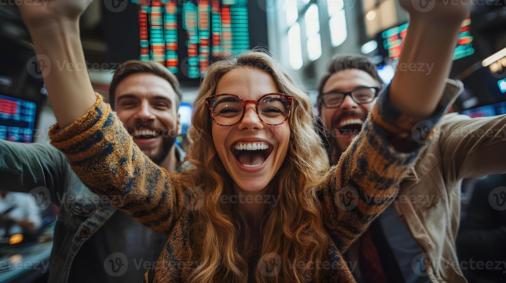 Team of financial experts analyzing a stock market boom and celebrating victory photo
