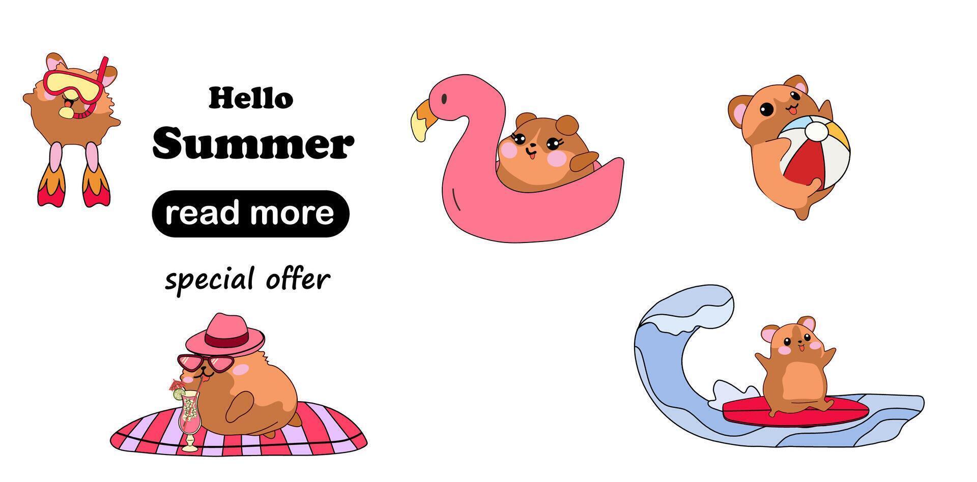 Web page design template. Cute hamsters enjoying a fun summer vacation at the beach vector