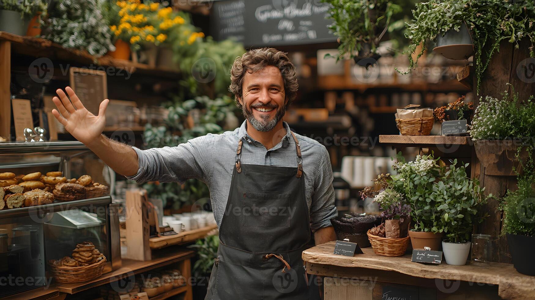 Welcoming coffee shop owner cheerfully waving at guests entering the cafe illustration photo