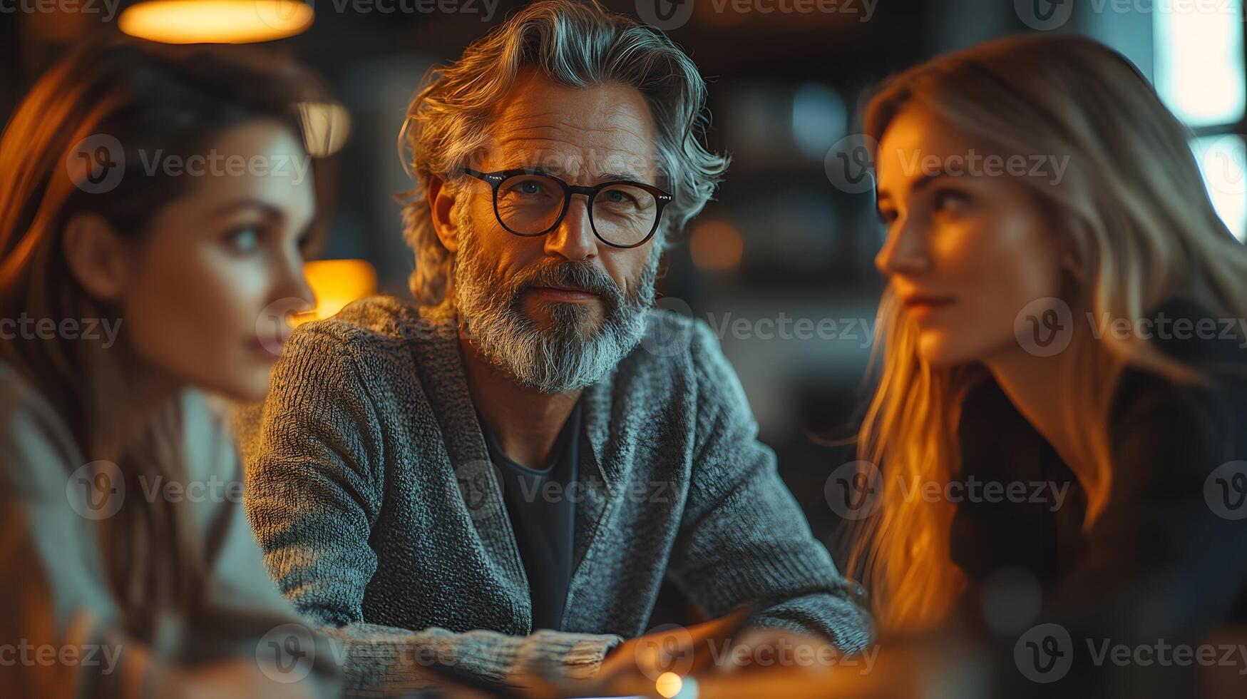 Team of executives having a discussion while using digital devices in a sleek modern office business growth 3D render photo