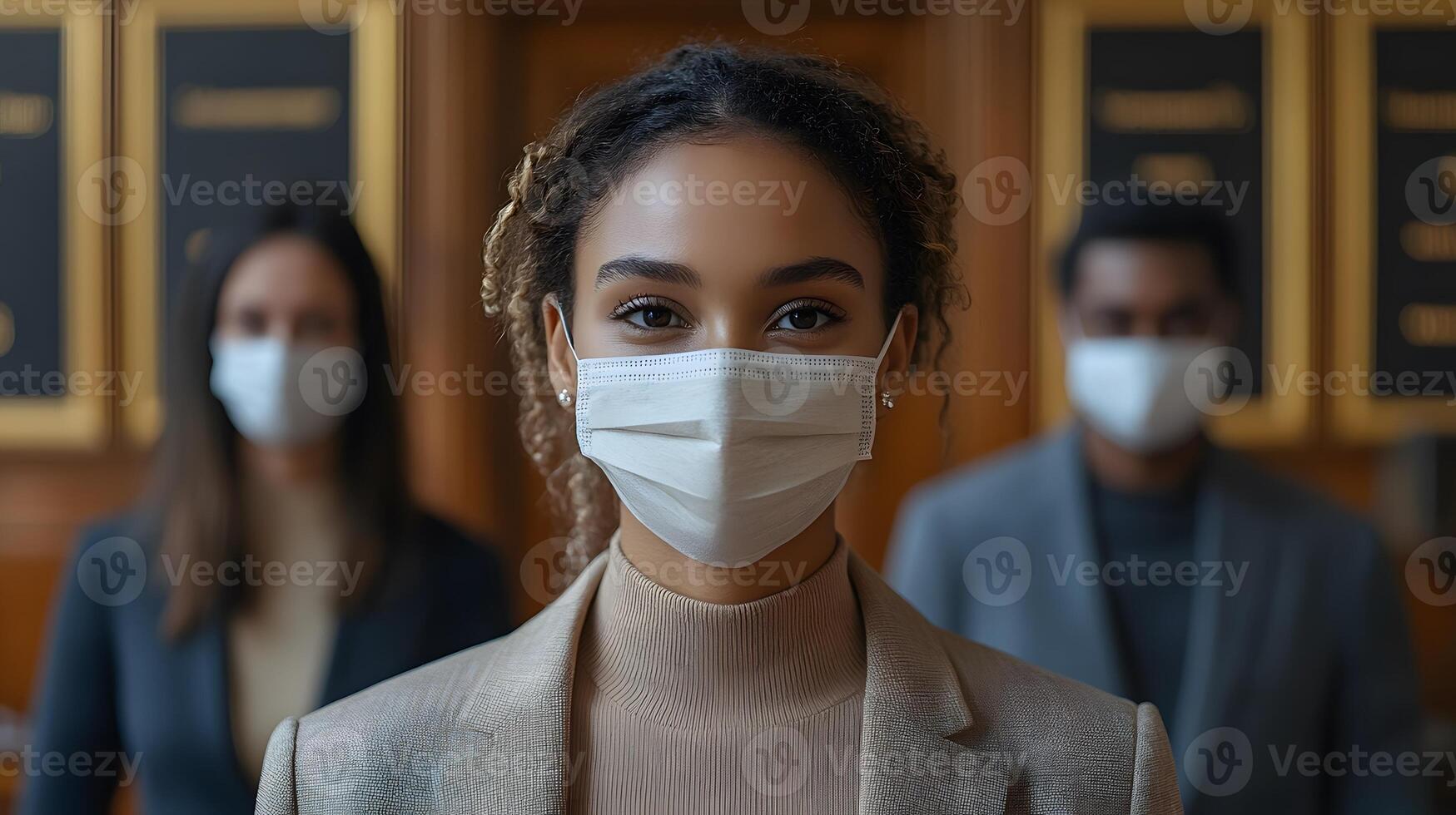 Business call with masked participant in different backgrounds professional setting photo