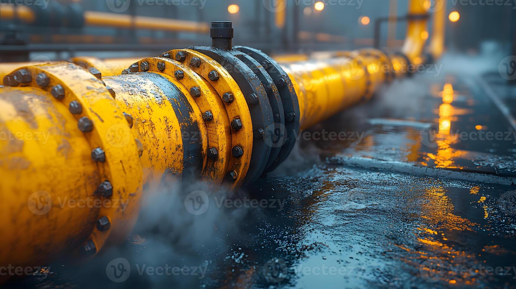 Broken gas pipe releasing pressure with steam and smoke effects 3D illustration photo