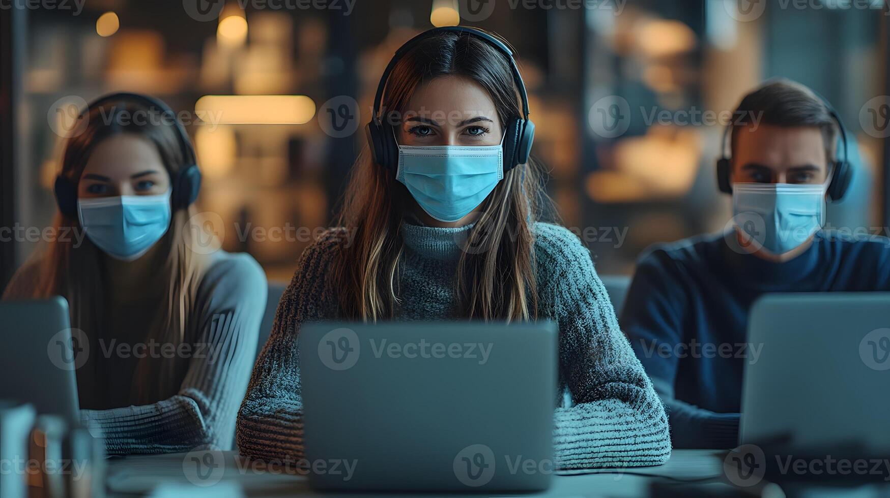 Office employees wearing protective masks in a professional online call animated scene photo