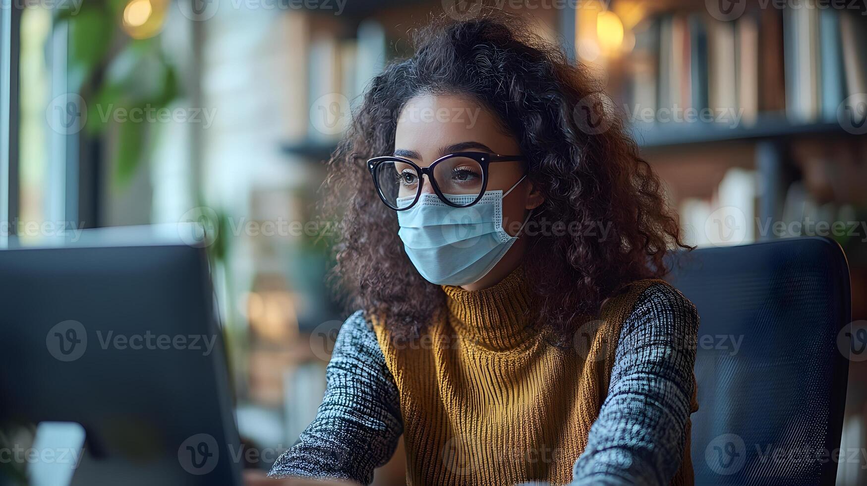 Animated work from home scene with professionals in masks attending an online meeting photo