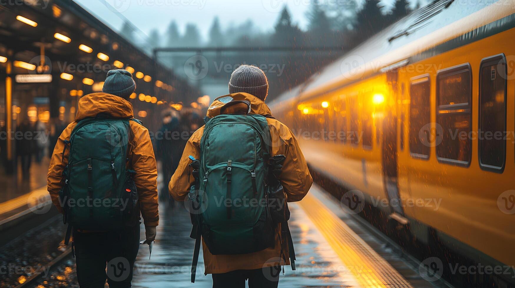 Young tourists exploring train connections using a printed travel guide illustration photo