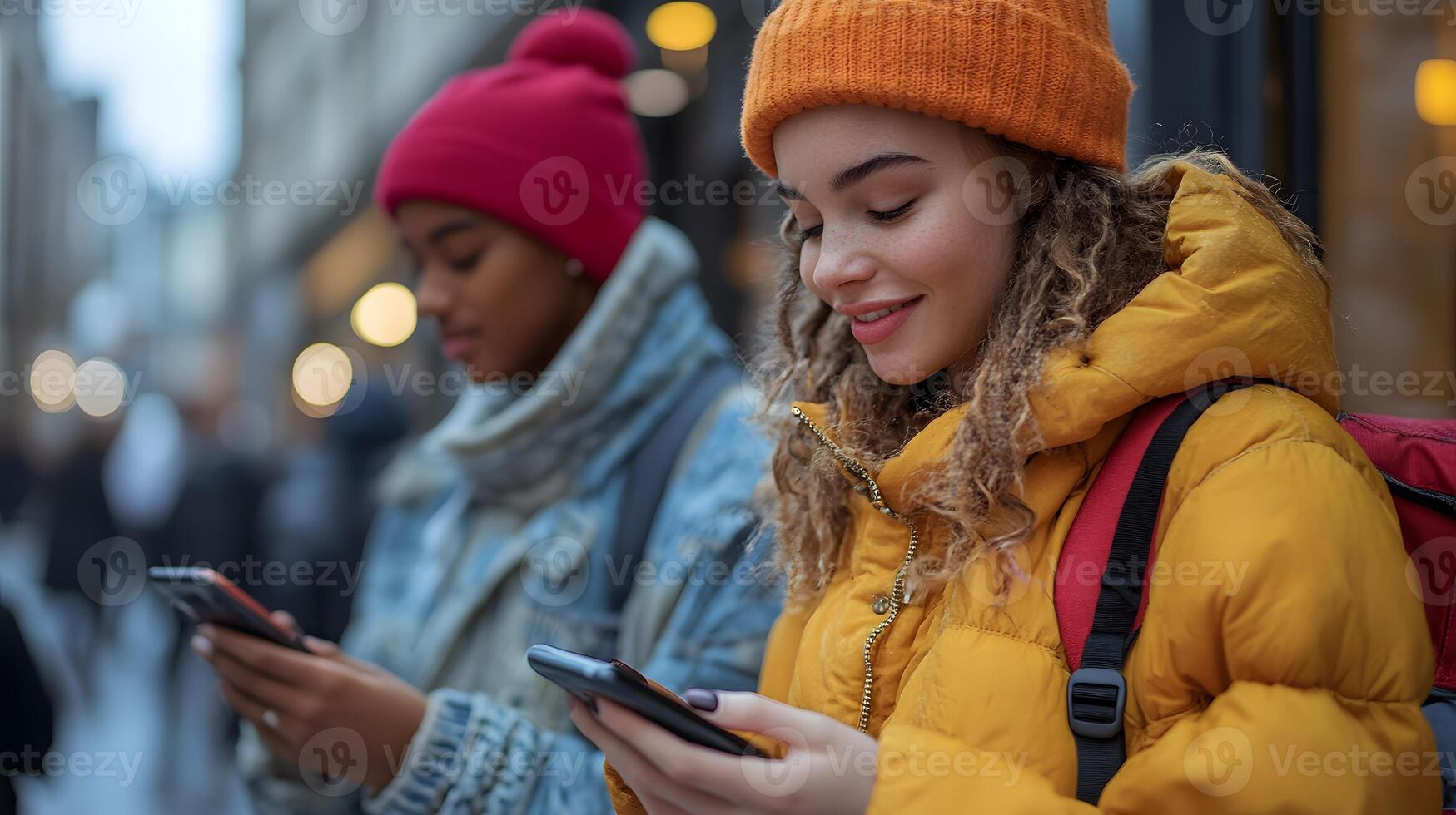 Young people interacting with mobile devices browsing online shops engaging social content photo