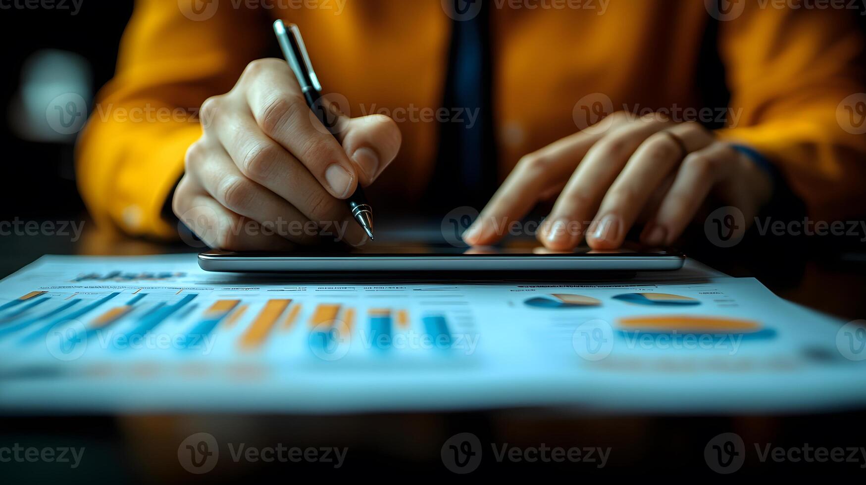 Business consultant examining financial reports on a tablet efficient cost management illustration photo