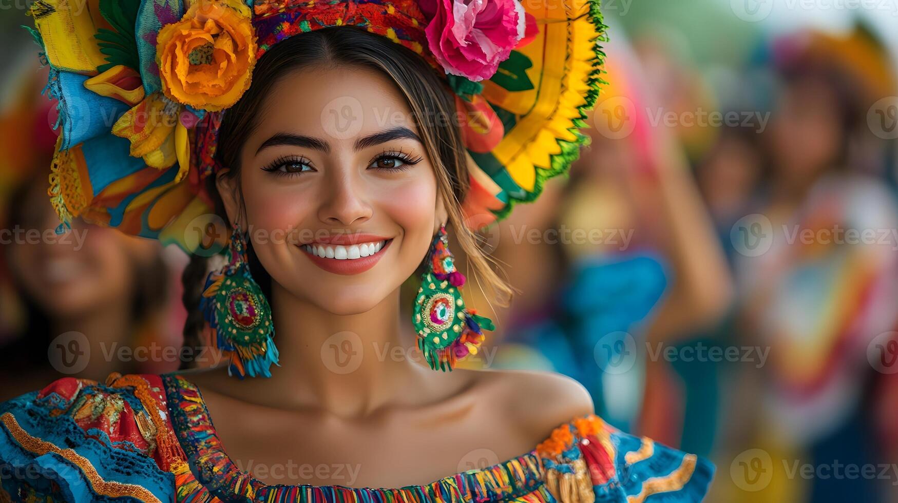Latin American cultural celebration with people dressed in traditional clothing waving flags photo