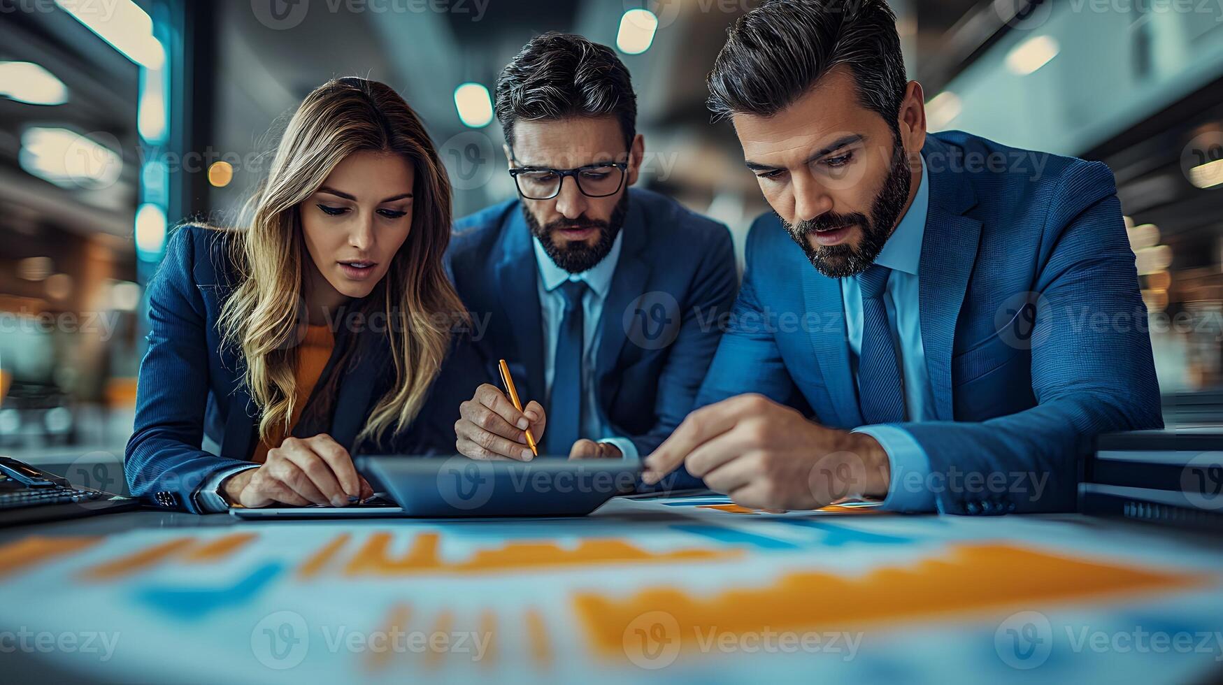 Businessmen engaged in meeting analyzing financial data on a tablet teamwork 3D render photo