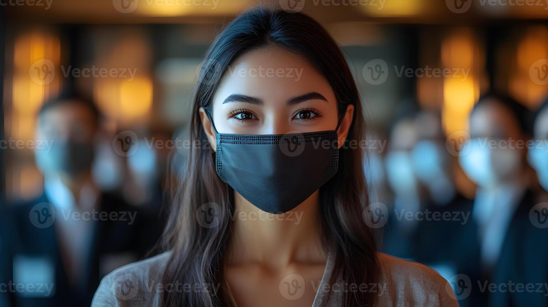 Business call with masked participants in different backgrounds professional setting. photo