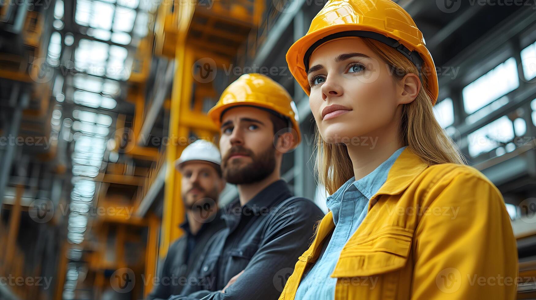 Young professionals inspecting a newly constructed building with serious expressions illustration photo