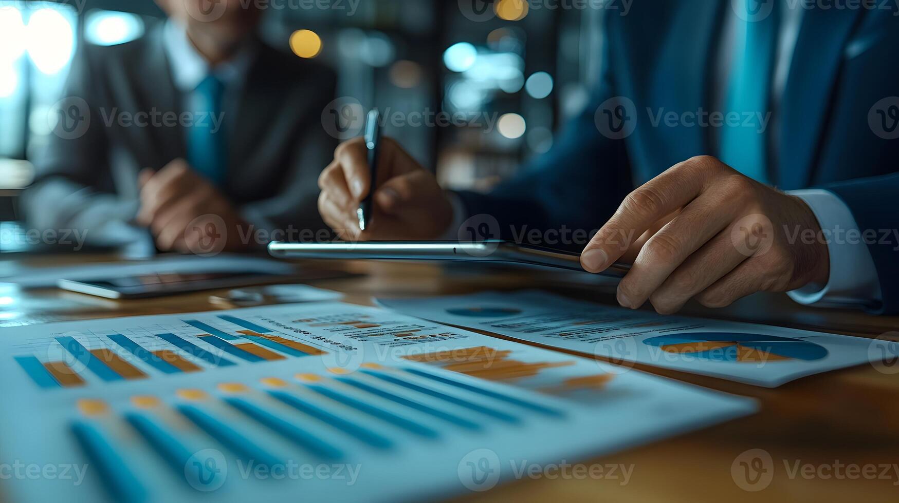 Business leaders analyzing financial data on a tablet while discussing strategy teamwork photo