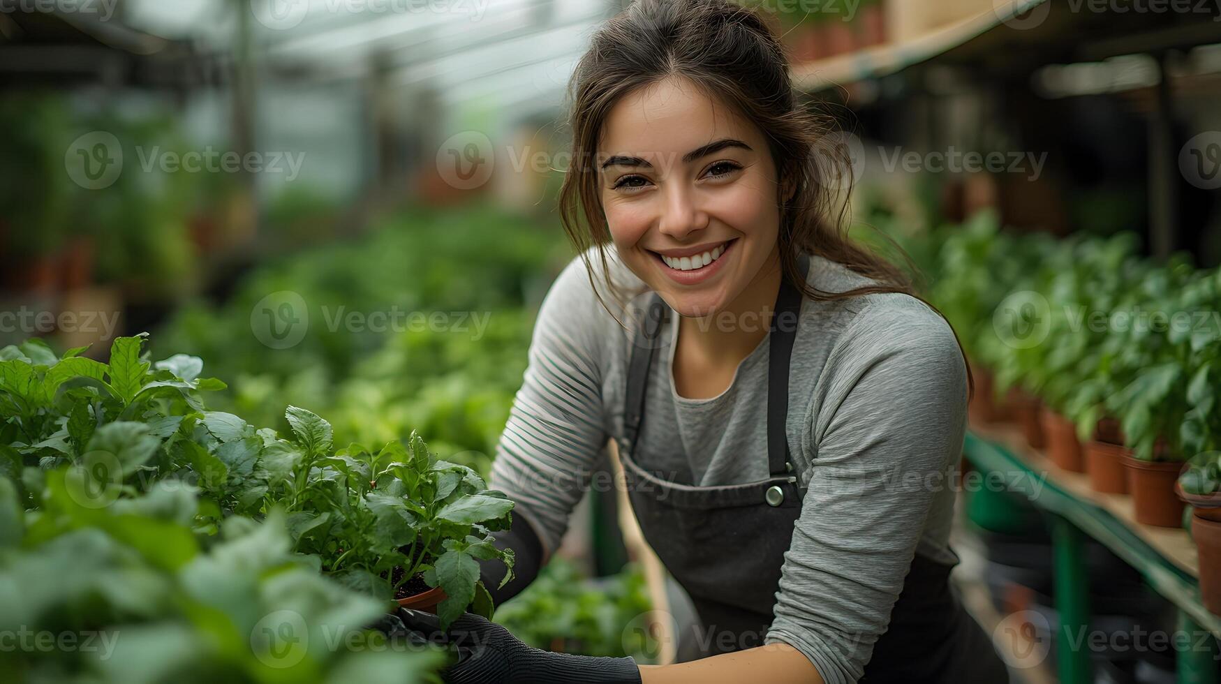 Smiling woman wearing an apron planting trees in an organized greenhouse illustration photo