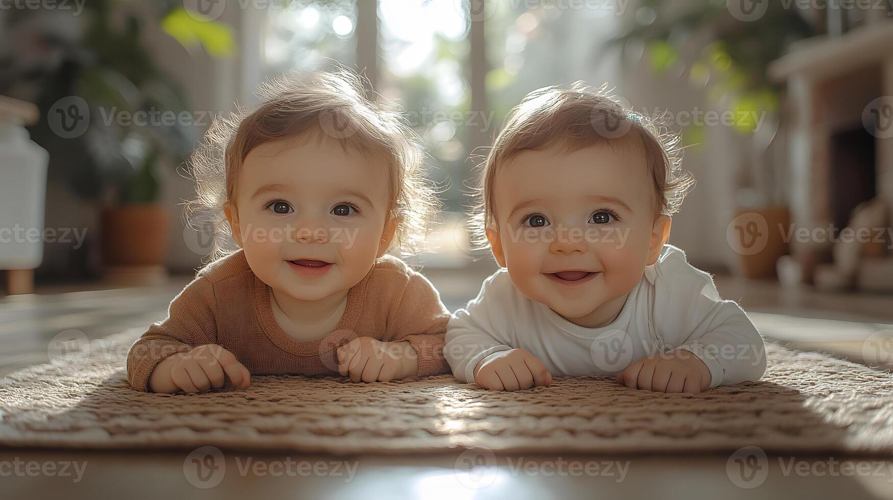 Siblings playing together in a bright room. photo