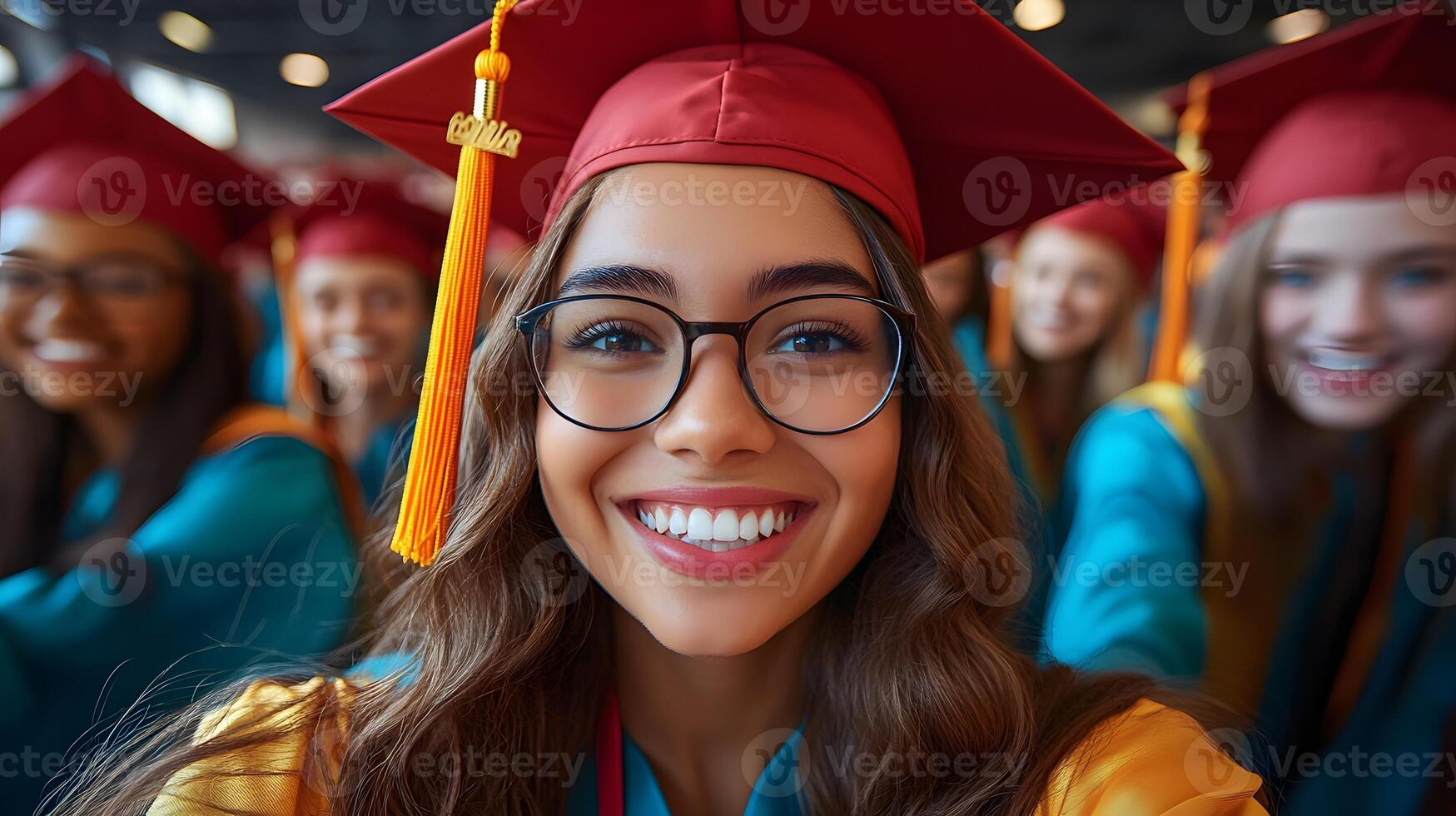 Students in caps and gowns celebrating their journey with a selfie bright expressions Illustration photo