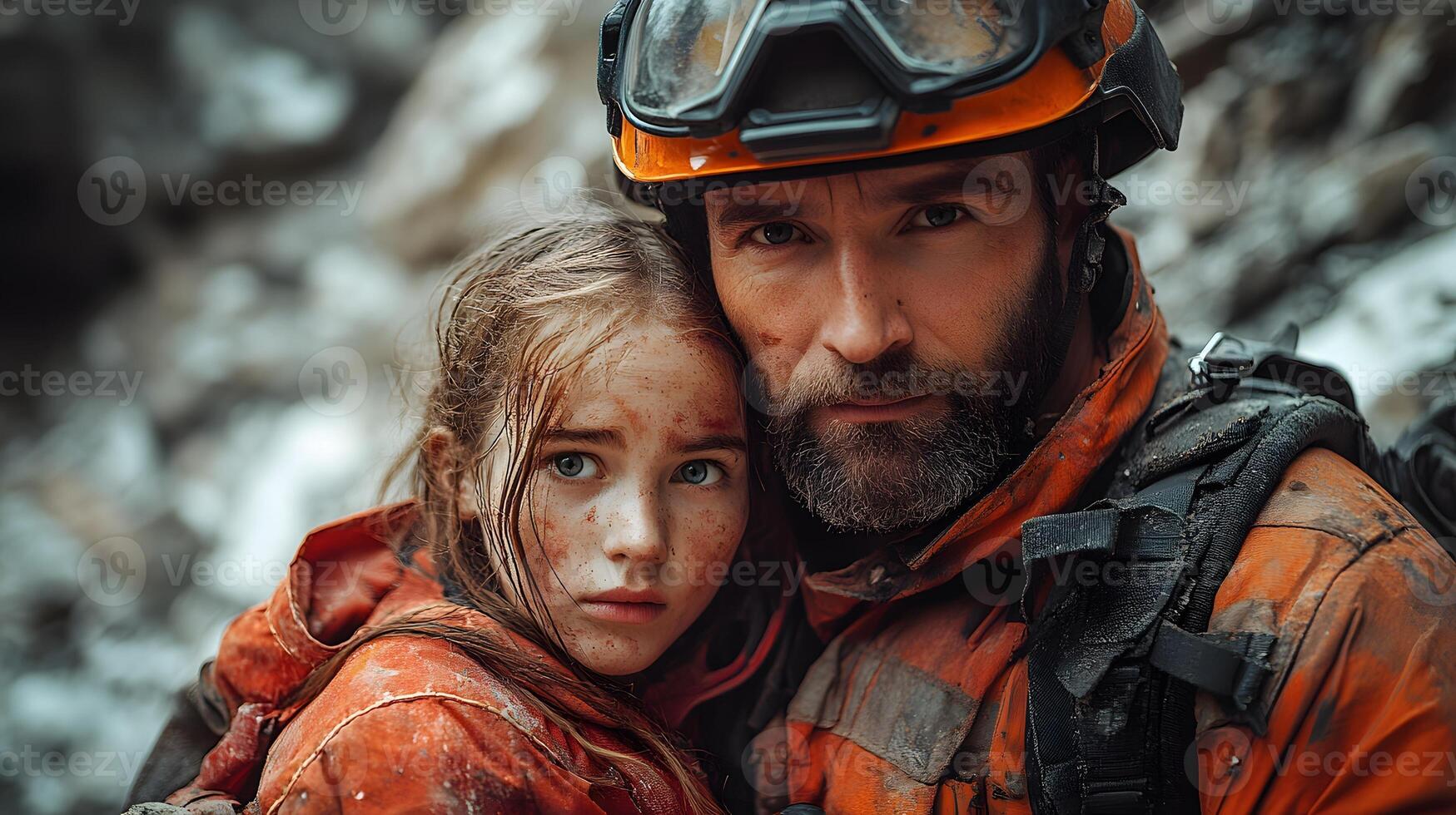 A firefighter carrying survivor from the rubble of a collapsed building after a massive earthquake strong emotional expression detailed environment cinematic storytelling photo