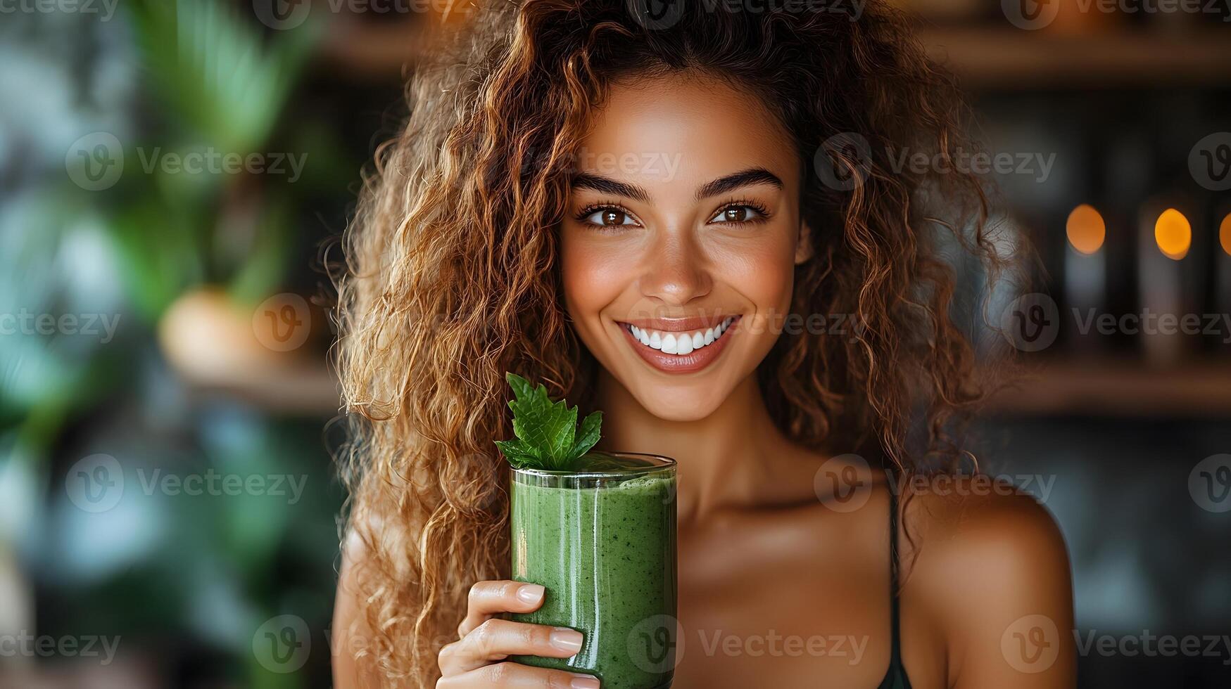 Smiling woman holding a fresh green smoothie. photo