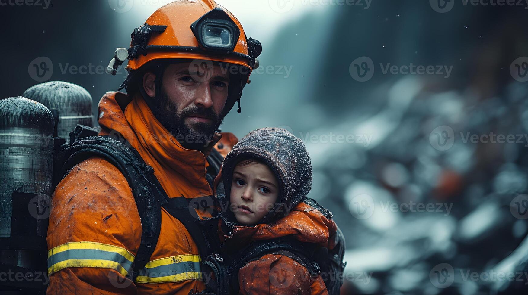 A firefighter carrying a survivor from the rubble of a collapsed building after a massive earthquake strong emotional expression detailed environment cinematic storytelling. photo