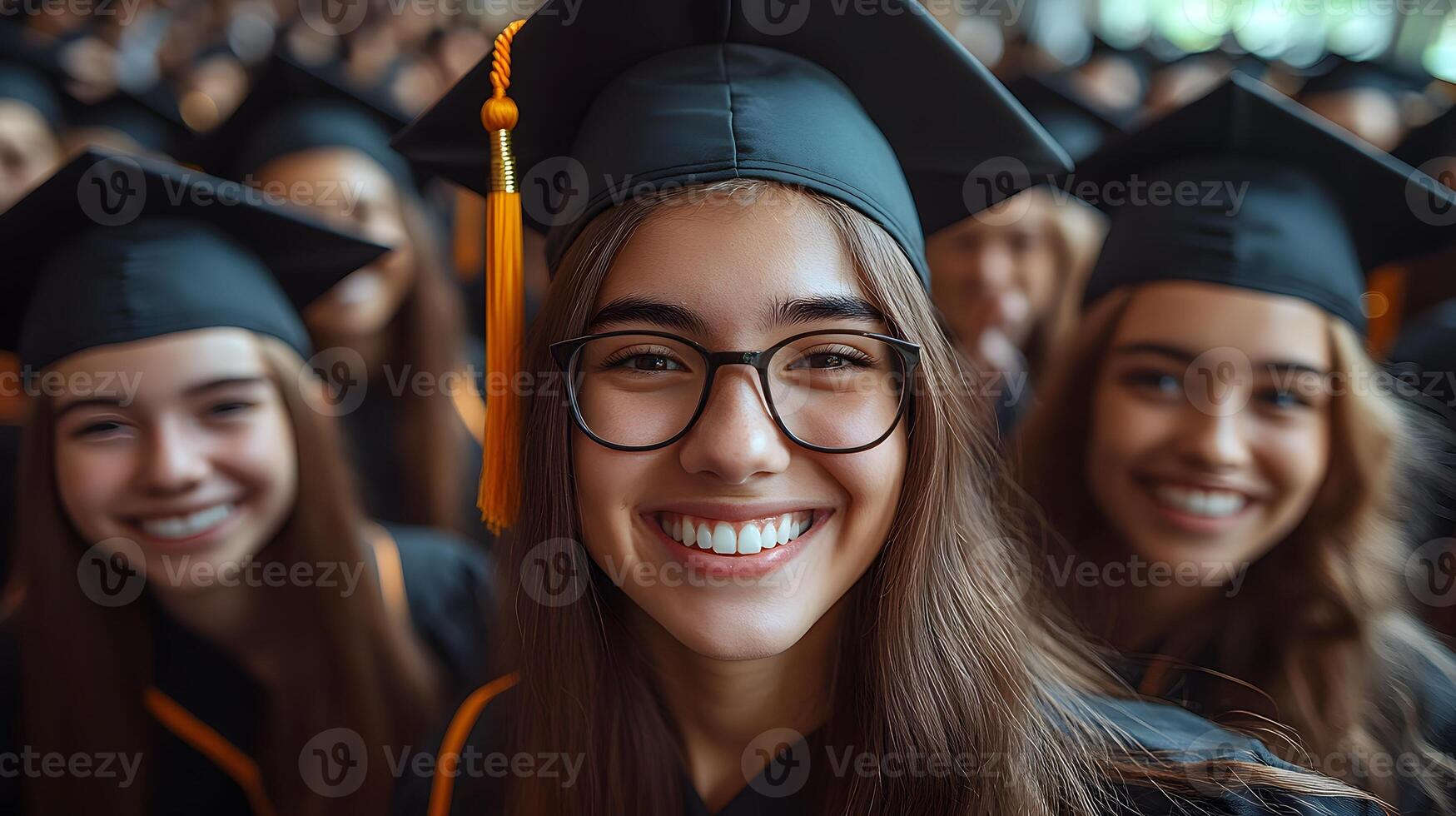 Group of happy students in caps posing for a selfie on a sunny graduation day Illustration photo