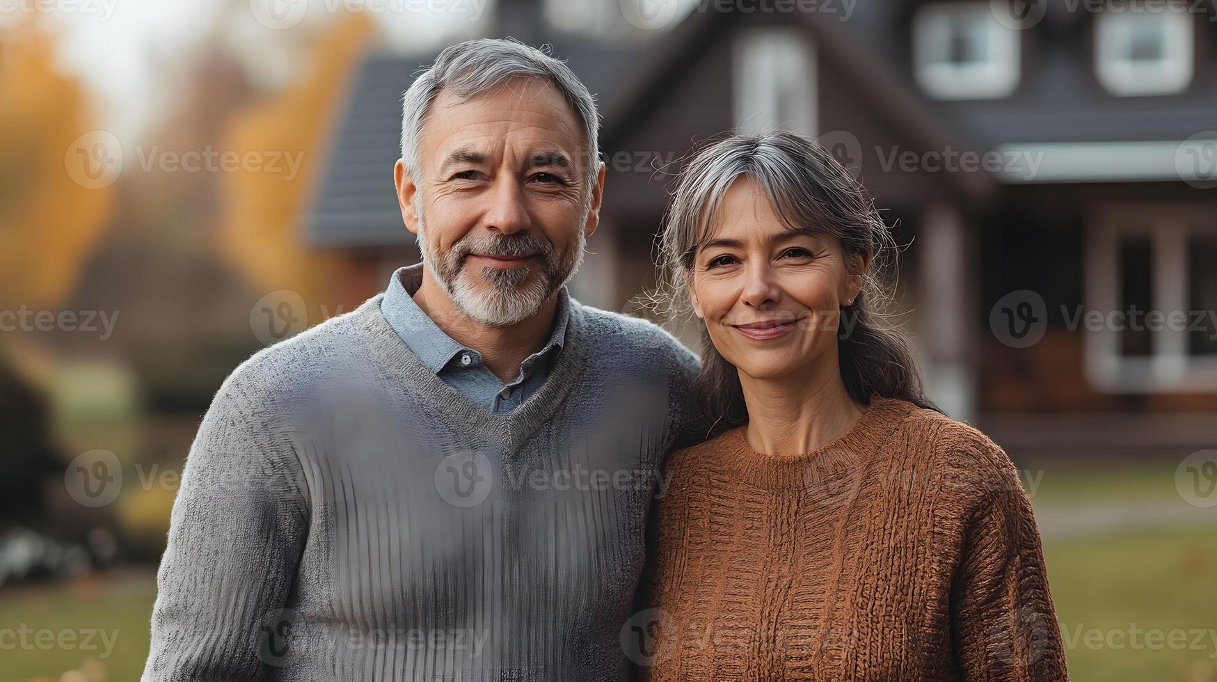 Senior couple standing in front of a house with an insurance policy in a clean graphic style photo