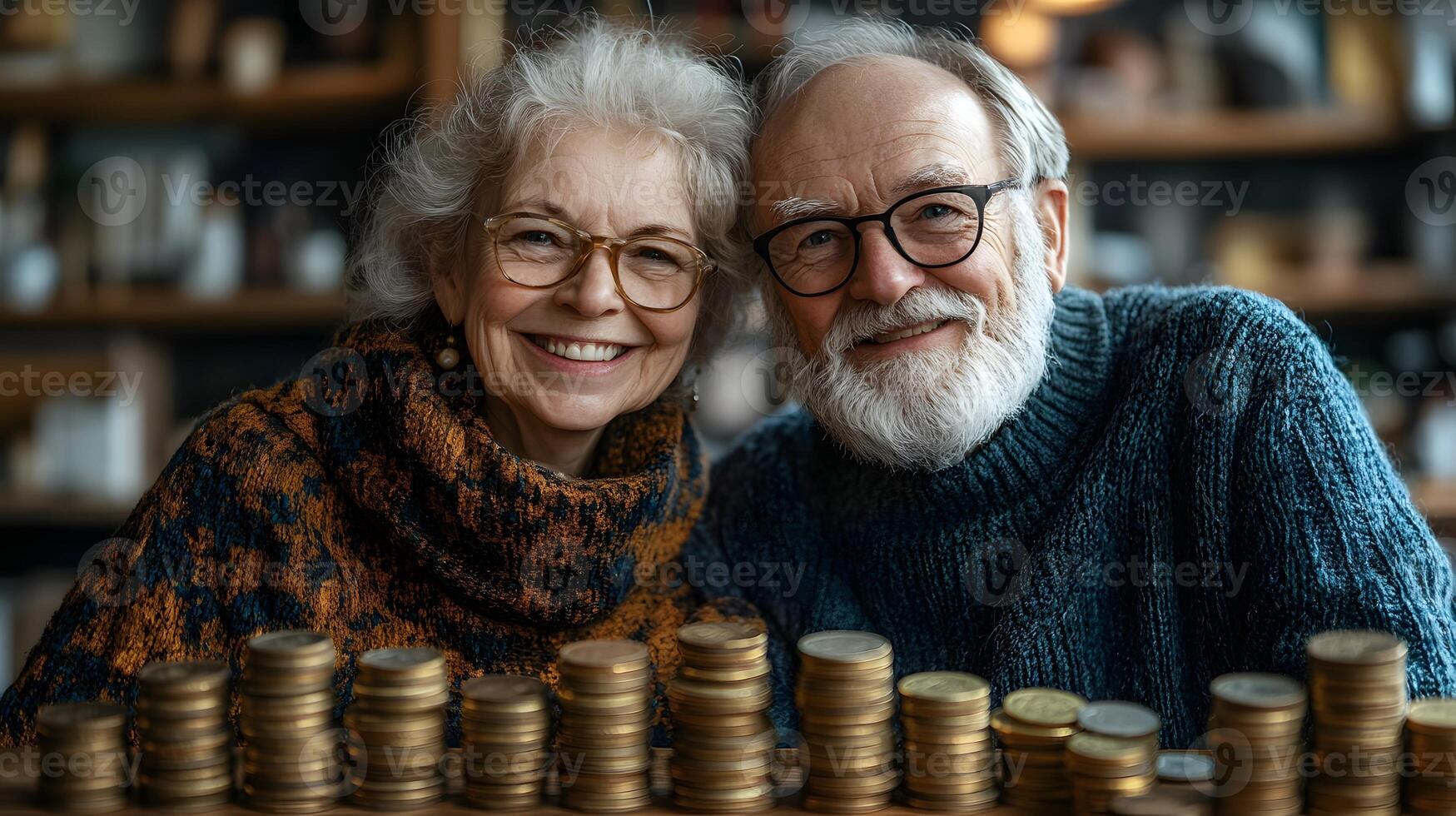 Happy elderly couple with a stack of coins representing secure retirement savings illustration photo