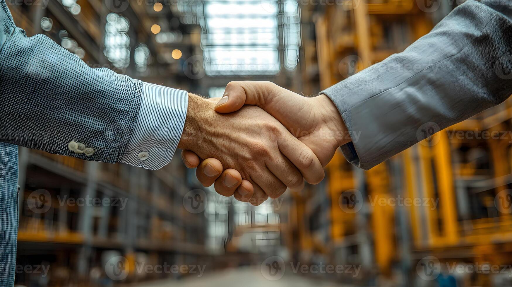 Team of construction professionals shaking hands in front of steel framework illustration photo