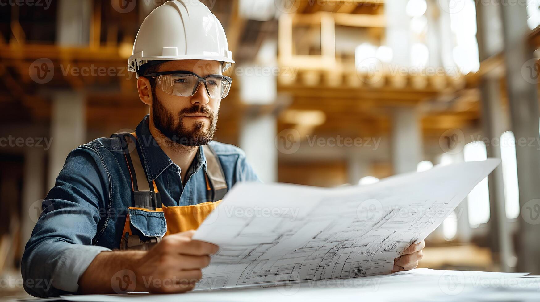 Professional architect supervising a construction project with safety gear and documents illustration. photo