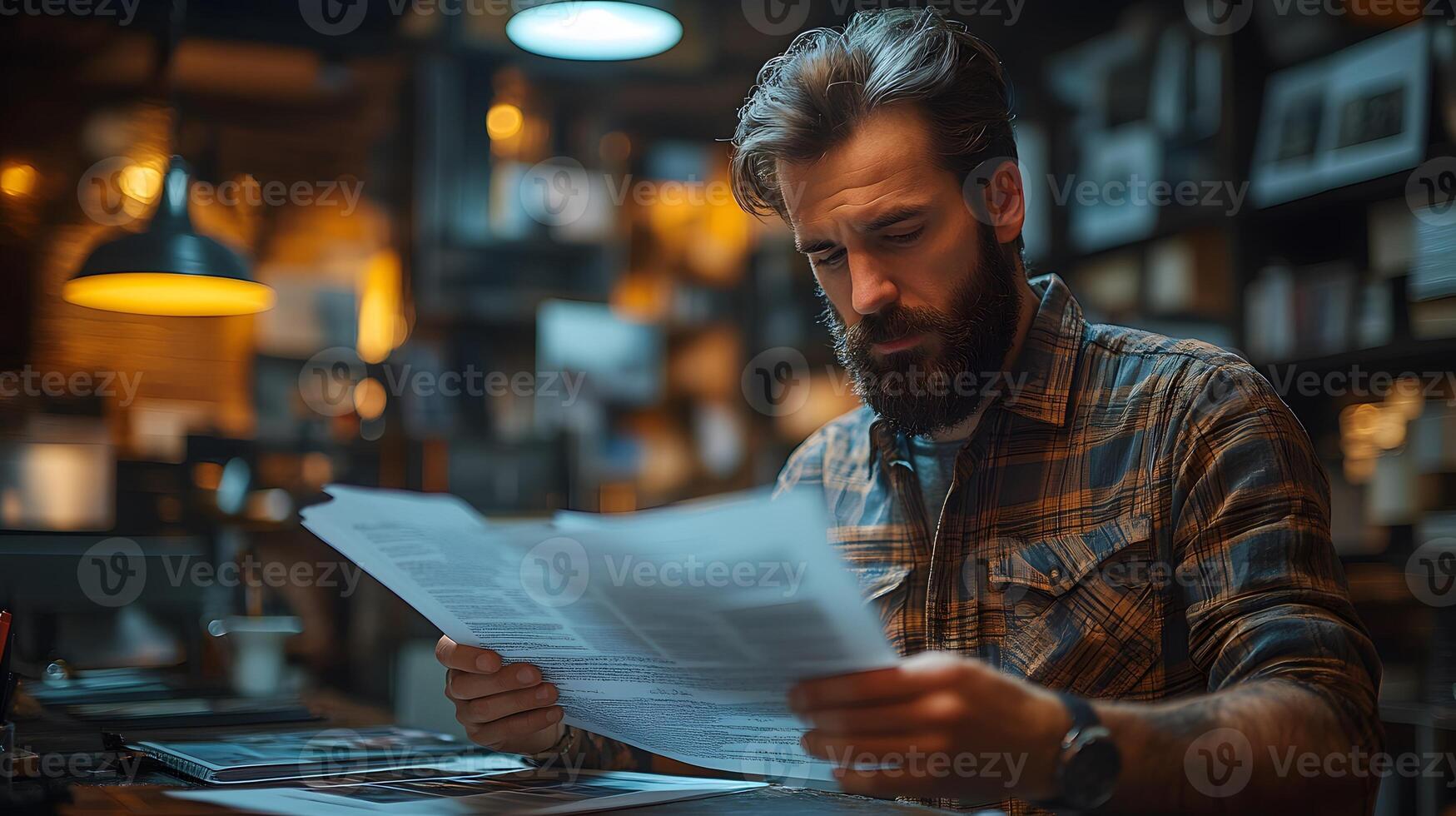 A graphic designer reviewing an editorial license agreement for stock images photo