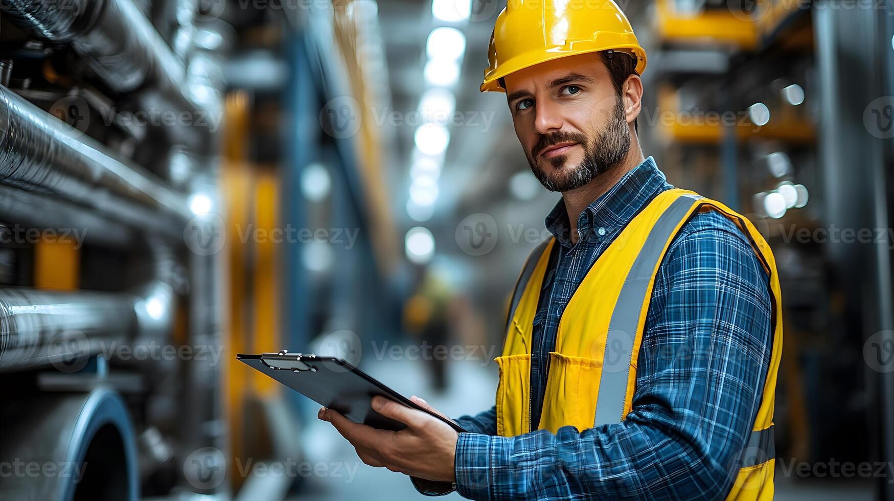 manager at a construction site holding a clipboard and safety equipment illustration. photo