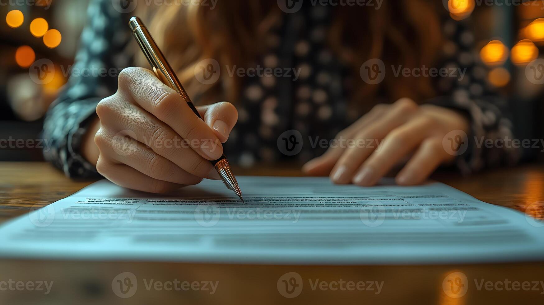 A close up of hands filling out a model release form on a wooden table photo