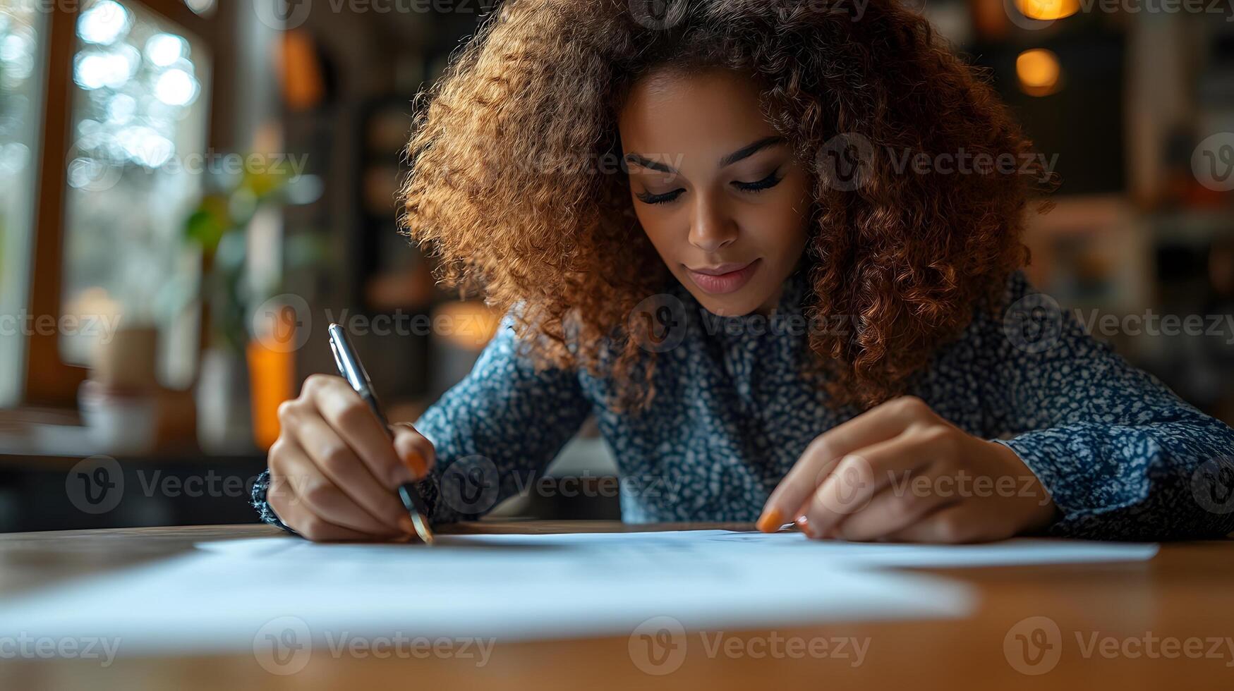 close-up of hands filling out a model release form on a wooden table photo