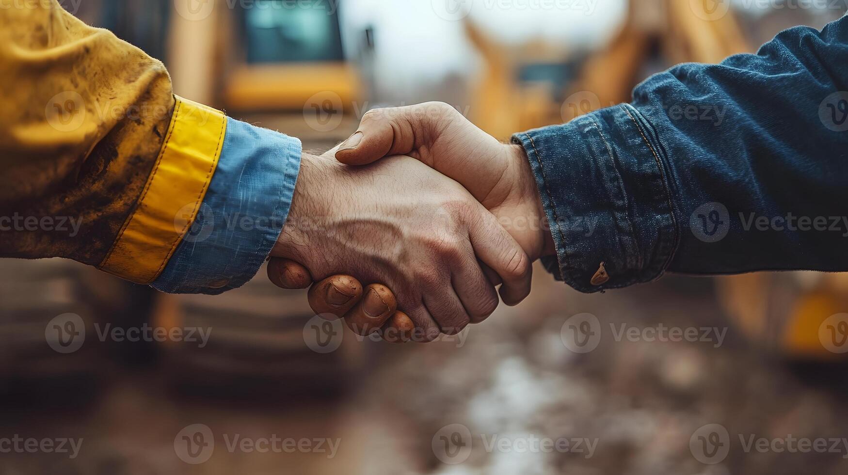 Workers in high visibility vests sealing an agreement with a handshake near heavy machinery illustration photo
