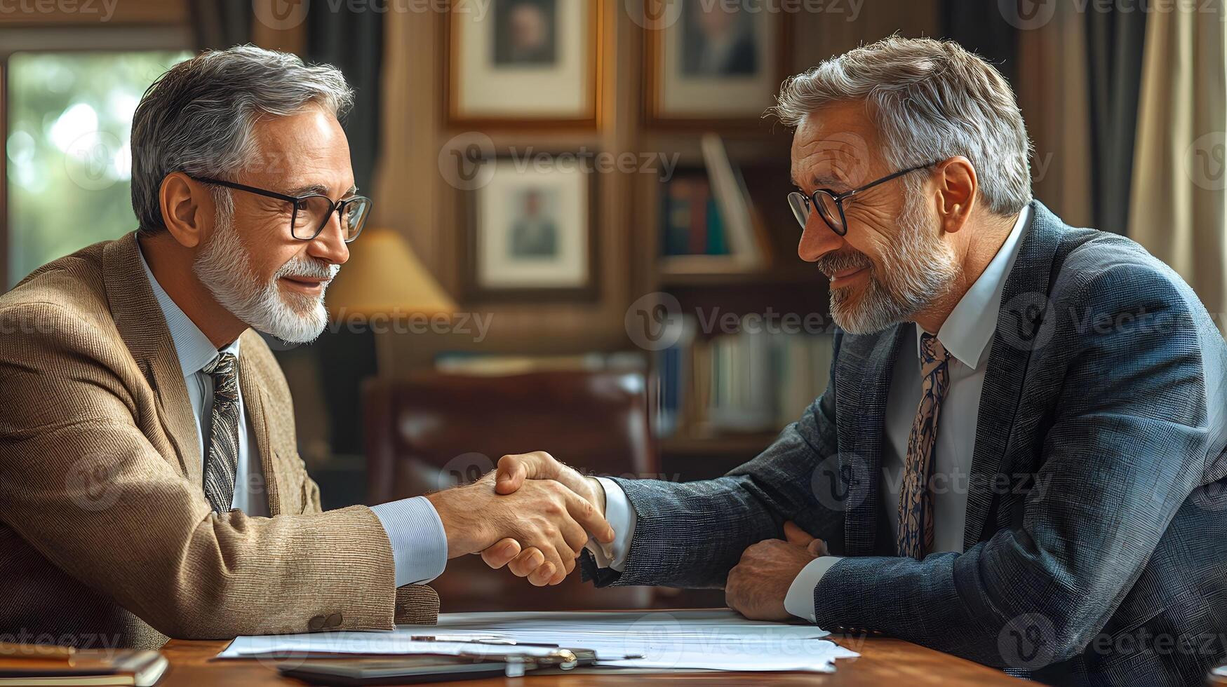 Senior man shaking hands with a consultant after signing an important financial agreement illustration photo