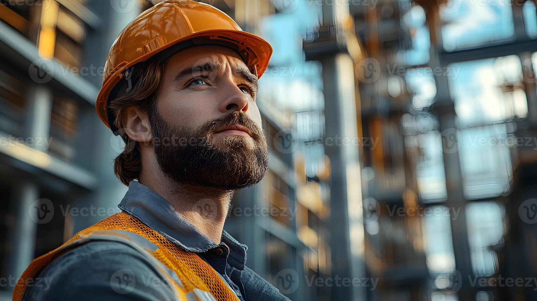 Male engineer in a reflective vest standing on a construction site with a determined expression illustration photo