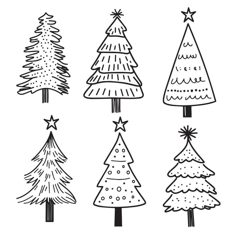 set of cute christmas trees in sketch. illustrations for new year, christmas in simple style vector