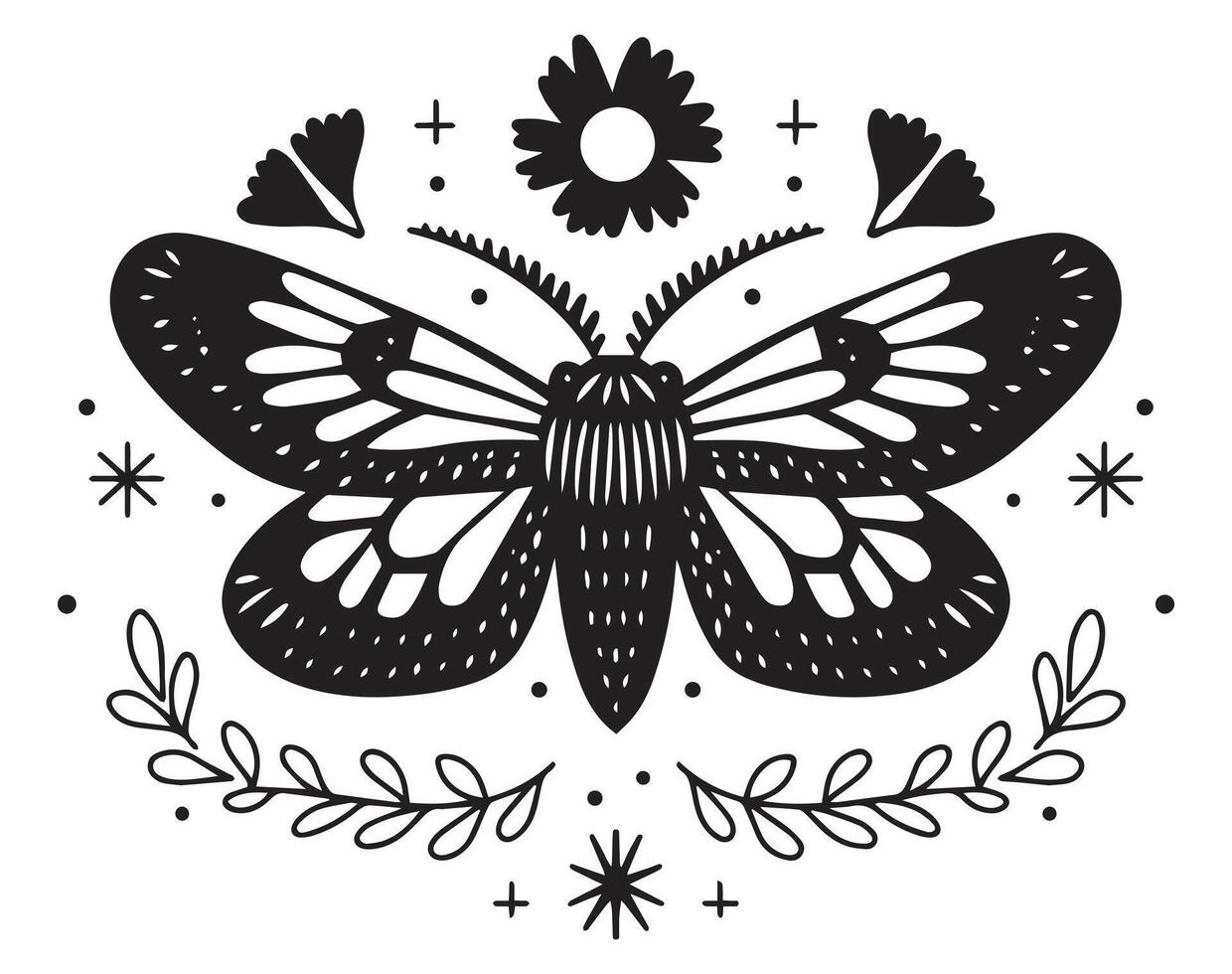 mystical butterfly in boho style. doodle illustration. vector