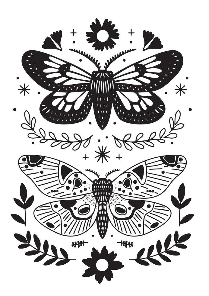 Set of mystical butterflies in boho style. Doodle. vector