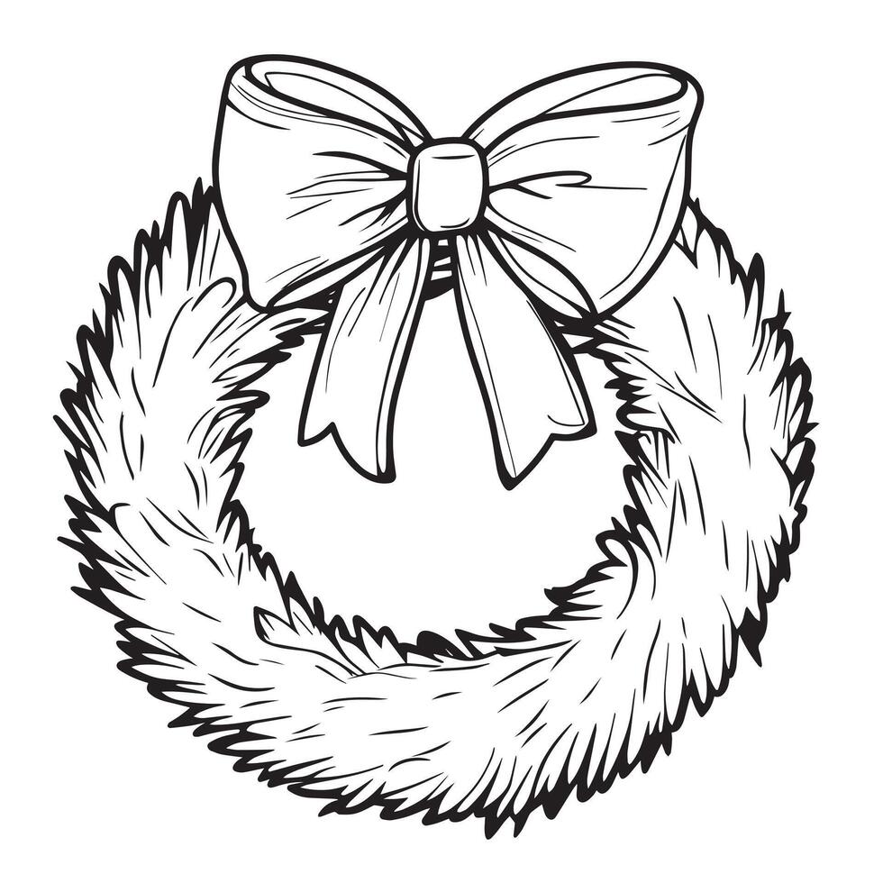 Christmas wreath of fir branches with a bow. Illustration in doodle style vector