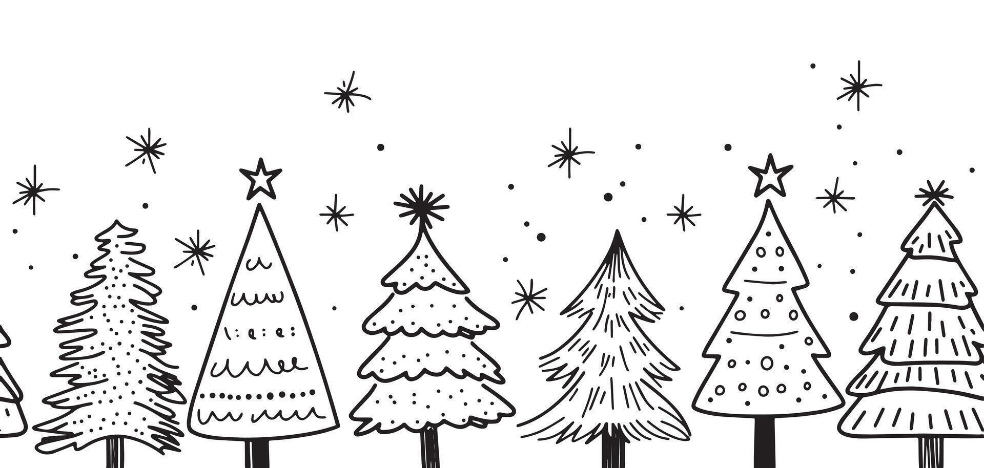festive seamless frame with christmas trees in doodle style. black and white illustration vector