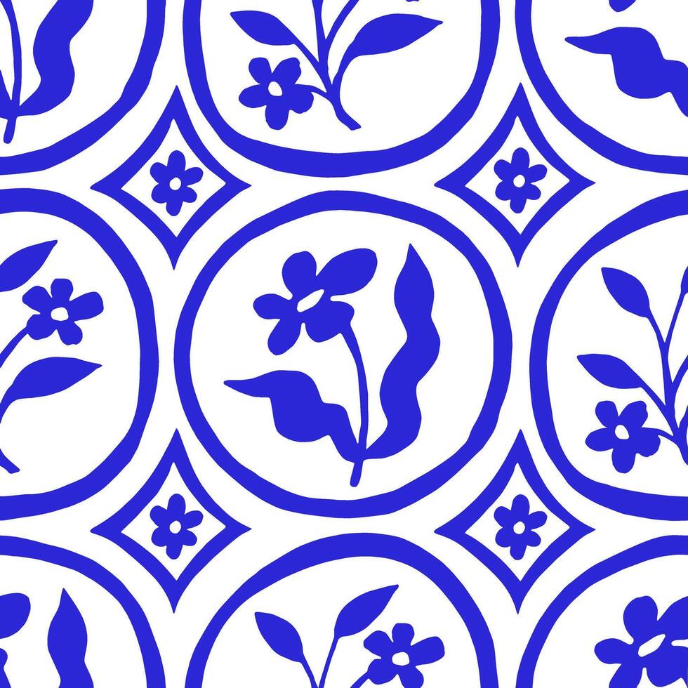 seamless pattern with modern round tiles with blue flowers and ornaments vector