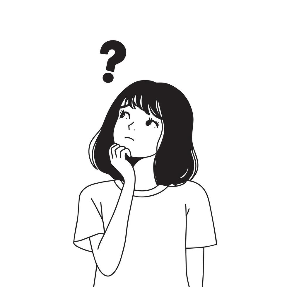 A cute illustration of a doubting girl. Simple doodle style drawing. vector