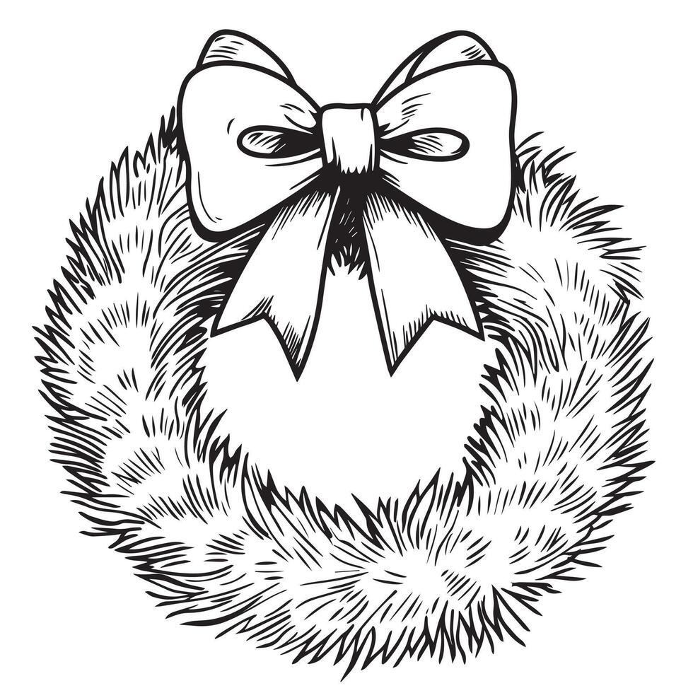 Christmas wreath of fir branches with a bow. Illustration in sketch style vector